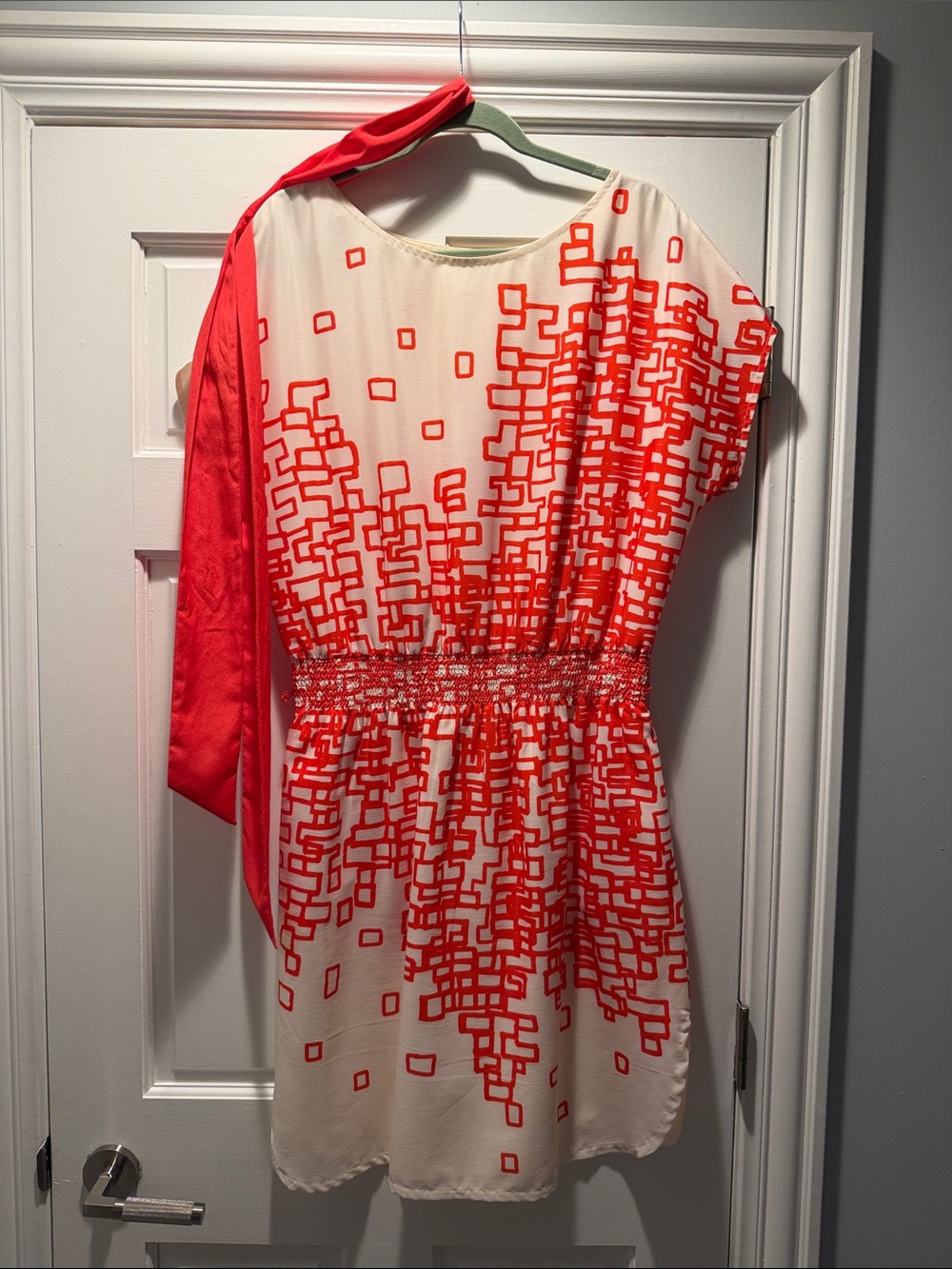 Eliza J Cream Dress with Coral Geometric Print